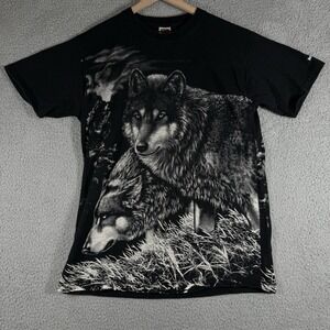 VINTAGE 90s Wolves All Over Print T Shirt Mens Size L Wolf Nature Yellowstone